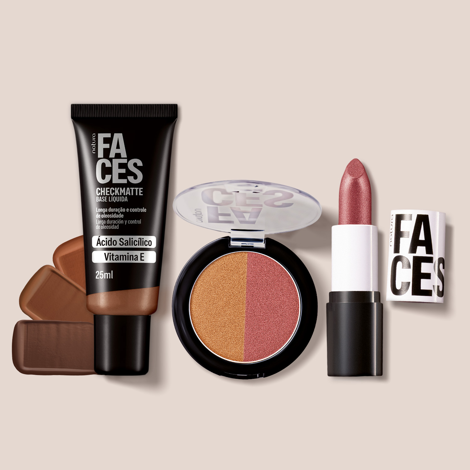 Kit Faces Base Checkmatte, Duo Super Brilho e Batom Cremoso