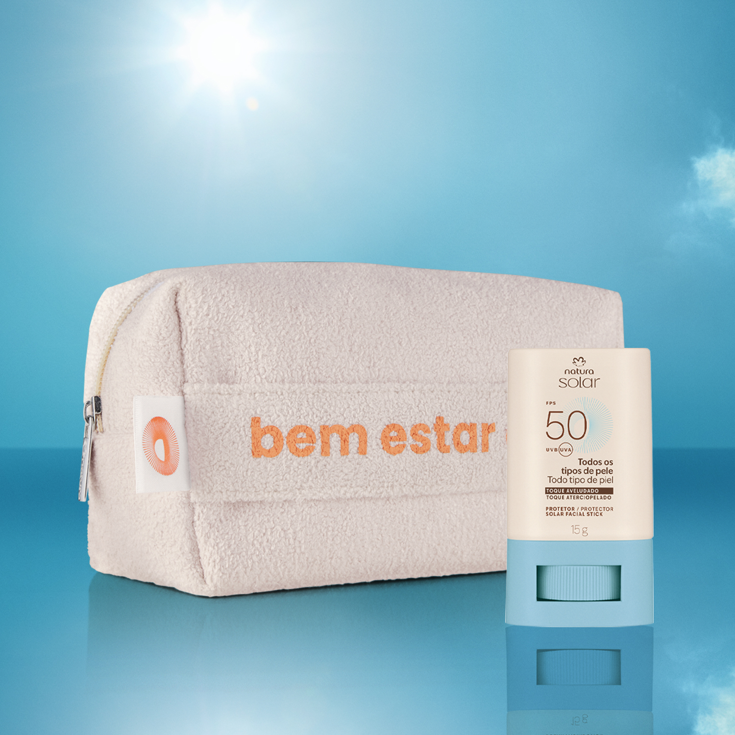 Kit Protetor Solar Facial Stick FPS 50 e Nécessaire Natura Solar