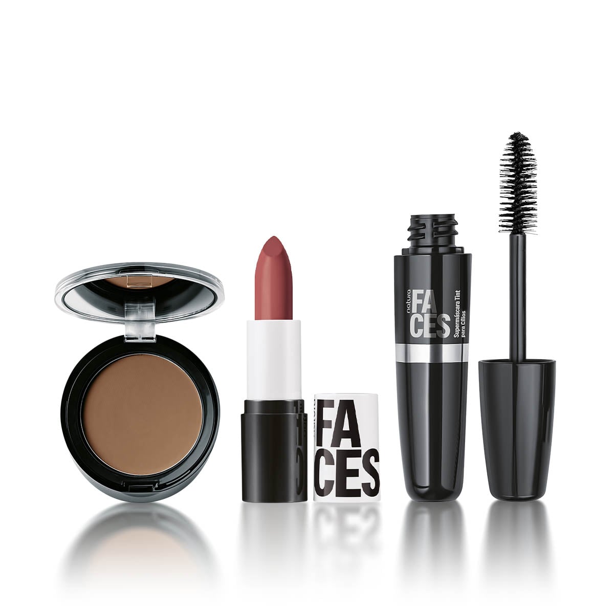 Kit Faces Pó Compacto, Batom Matte e Máscara de Cílios Tint