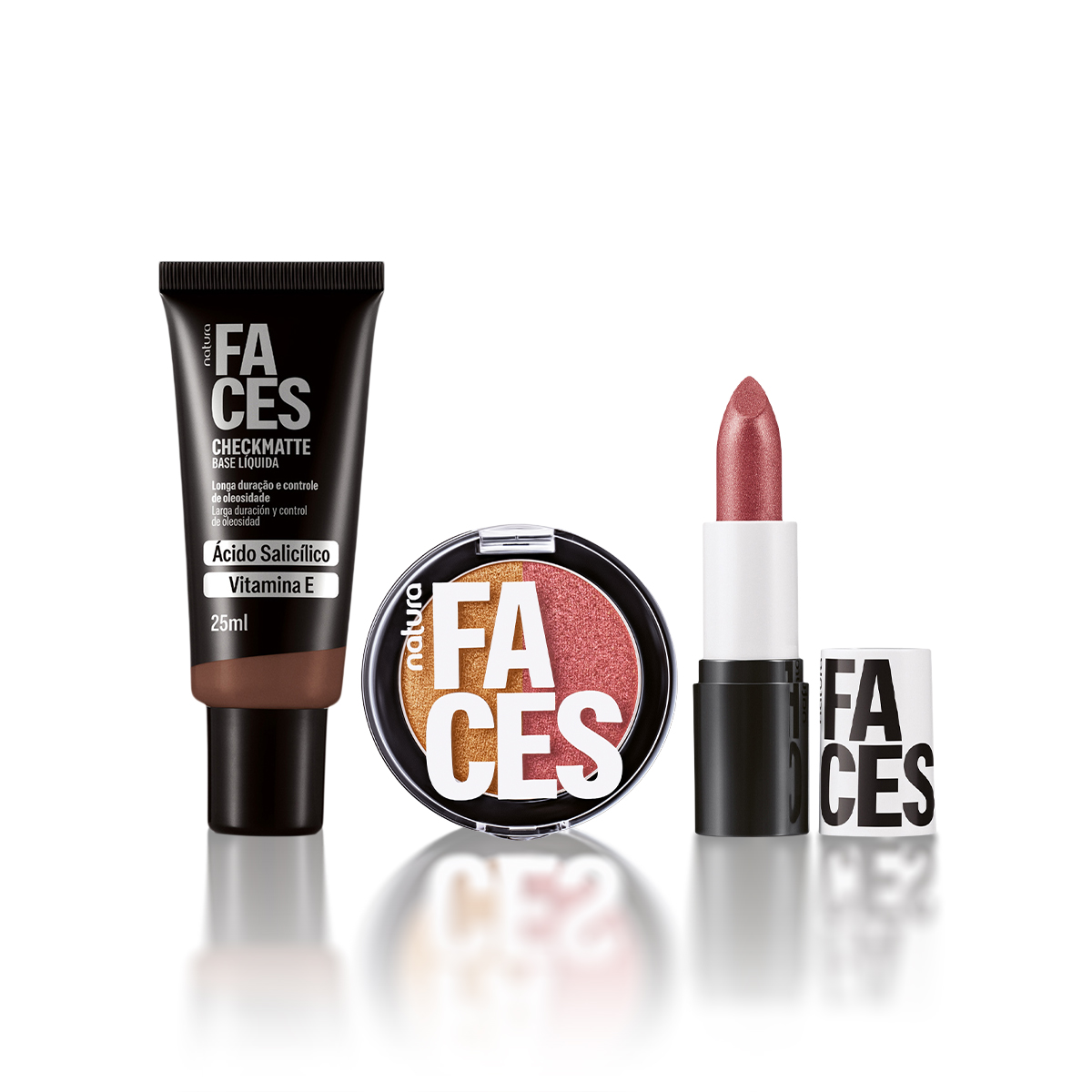 Kit Faces Base Checkmatte, Duo Super Brilho e Batom Cremoso