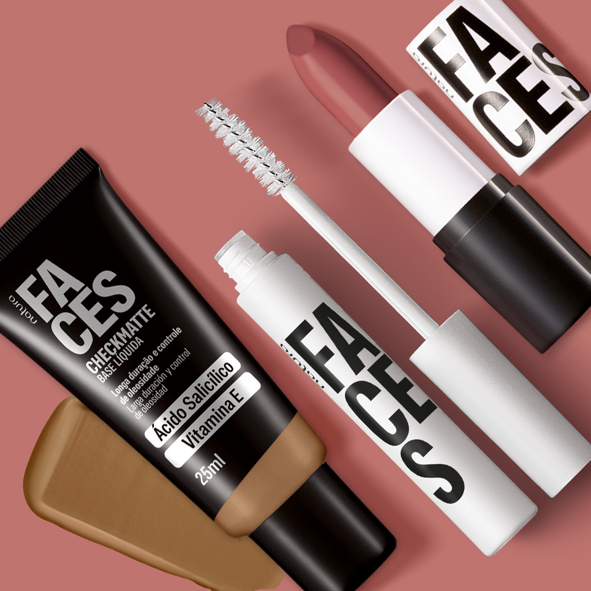 Kit Faces Base Checkmatte, Máscara Incolor e Batom Matte