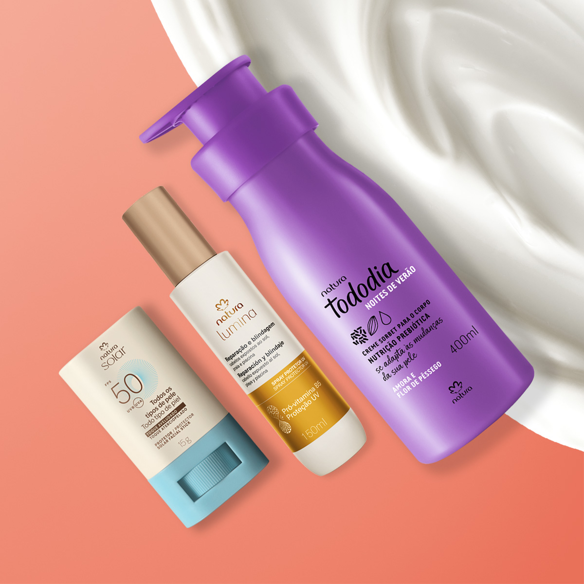 Kit Verão Creme Corporal Tododia Amora e Flor de Pêssego, Spray Capilar e Protetor Facial em Stick