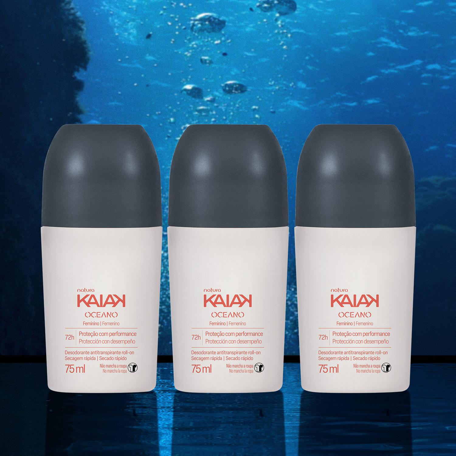 Kit Desodorante Antitranspirante Roll-on Kaiak Oceano Feminino (3 unidades)
