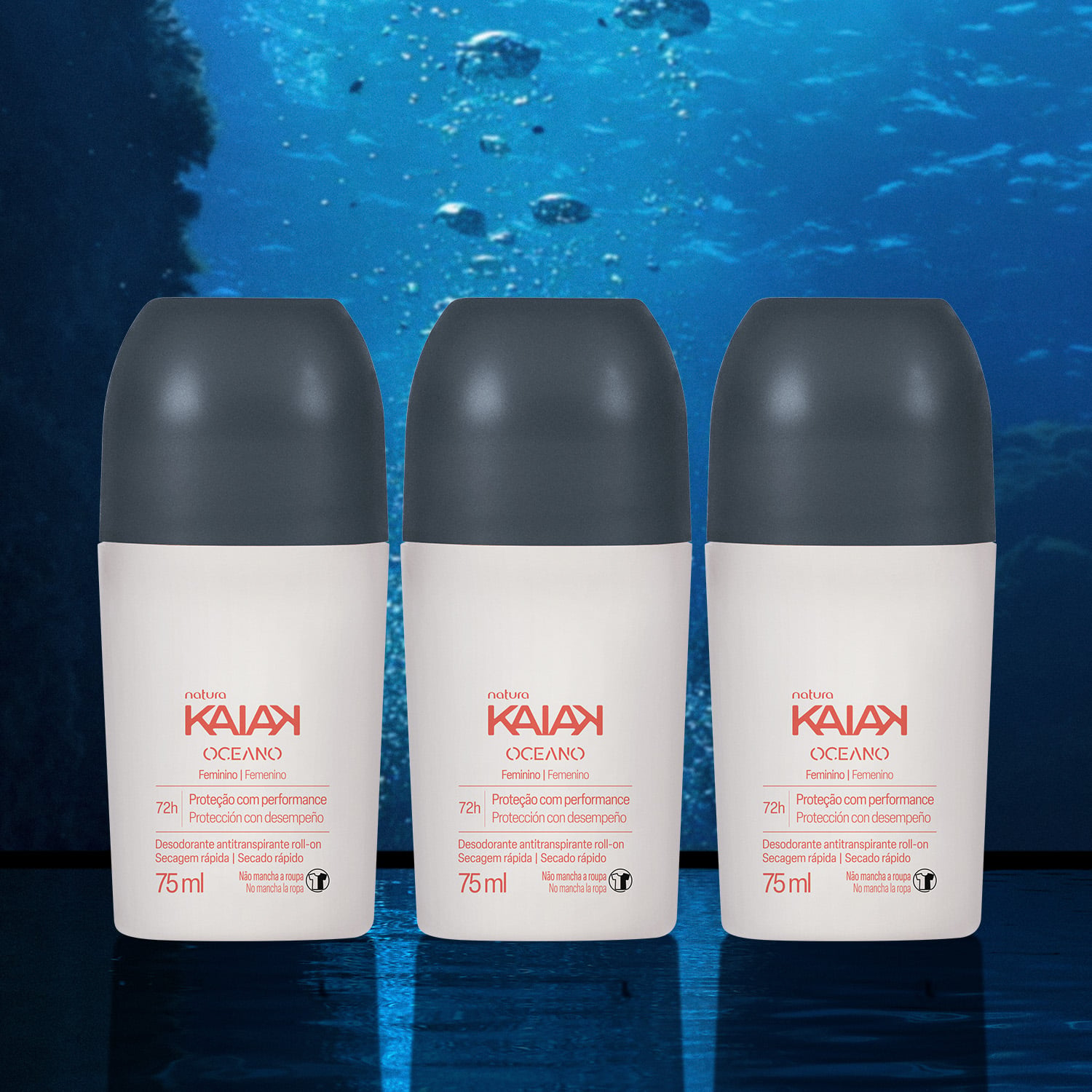 Kit Desodorante Antitranspirante Roll-on Kaiak Oceano Feminino (3 unidades)