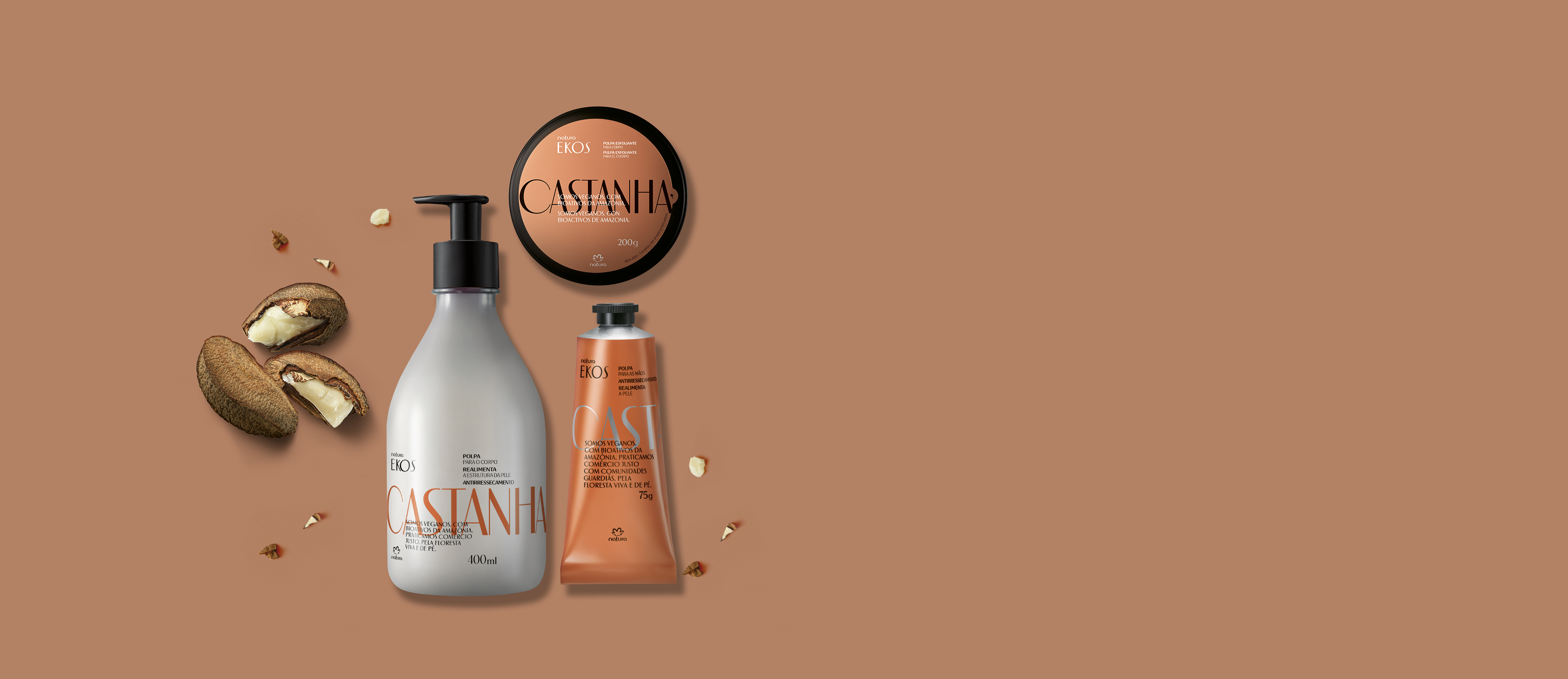 Kit Ekos Castanha Esfoliante e Hidratante Corpo e Mãos (3 produtos)
