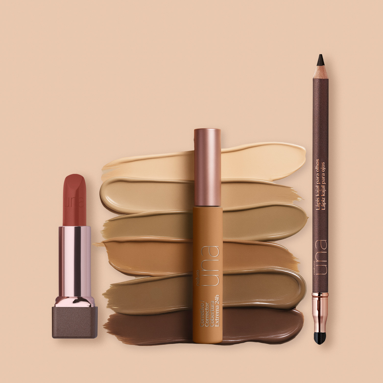 Kit Una Corretivo Cobertura Extrema 24h, Lápis Kajal Preto e Batom CC Nude 2C