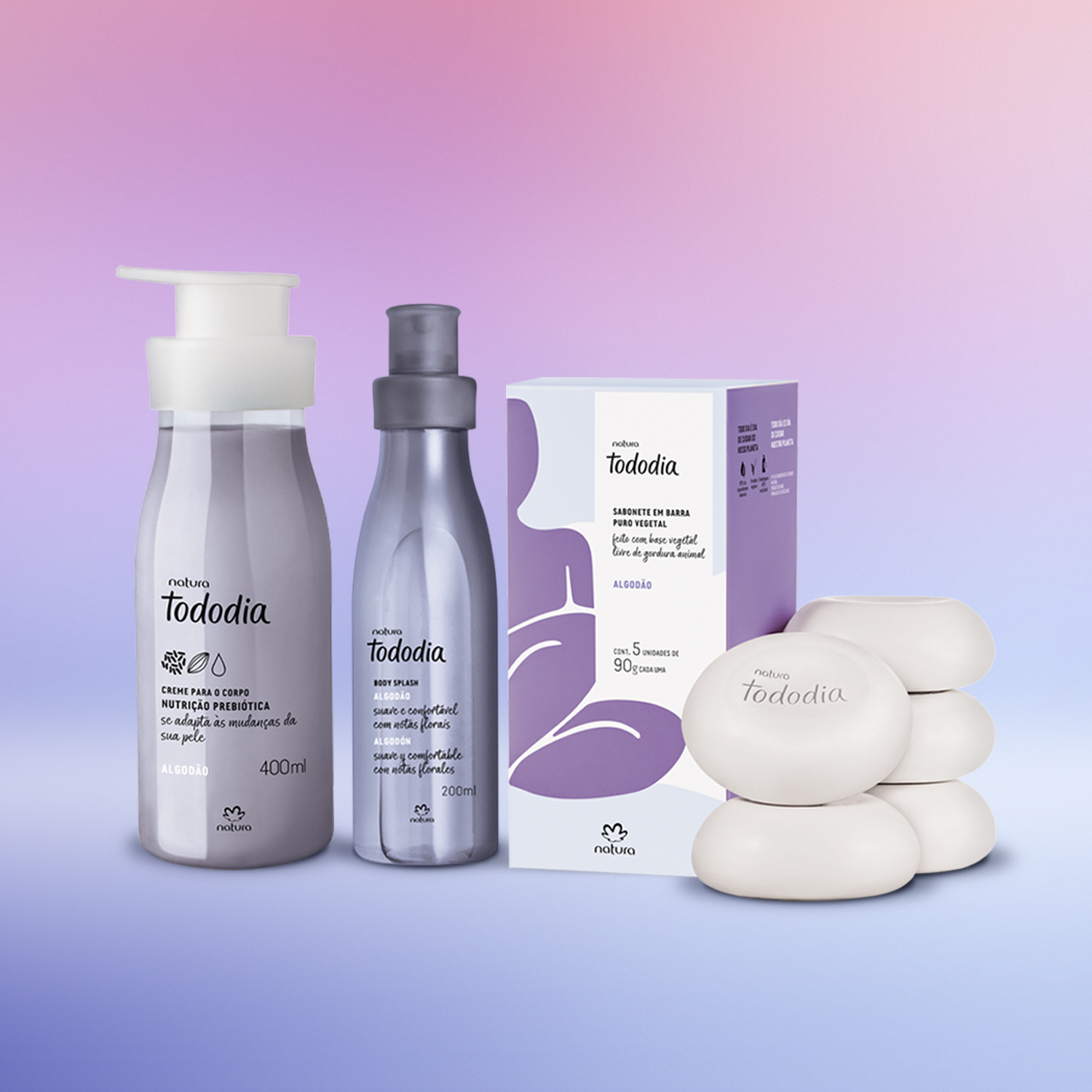 Kit Tododia Algodão com Hidratante, Body Splash e Sabonete em Barra (3 produtos)
