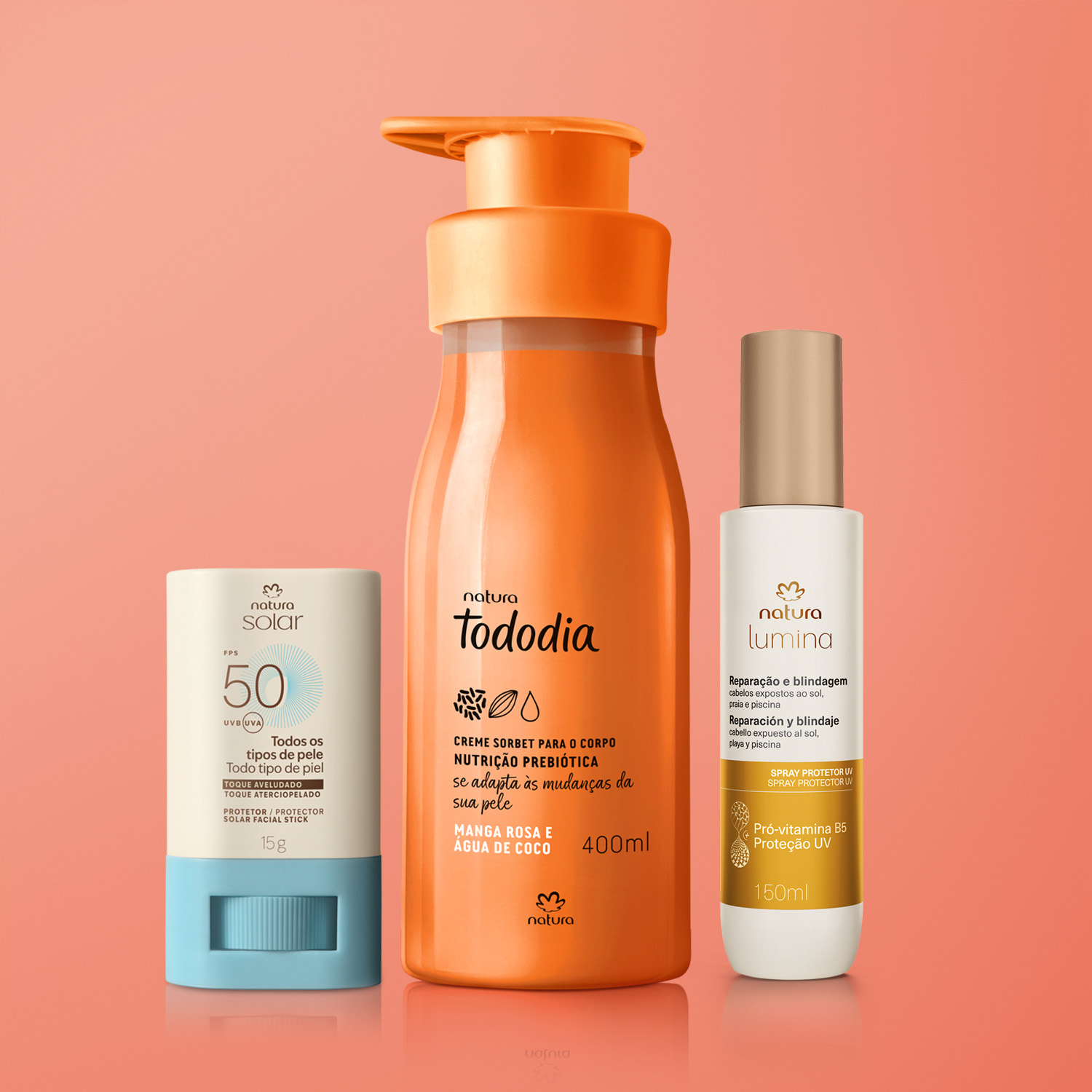 Kit Verão Creme Corporal Tododia Manga Rosa e Água de Coco, Spray Capilar e Protetor Facial em Stick