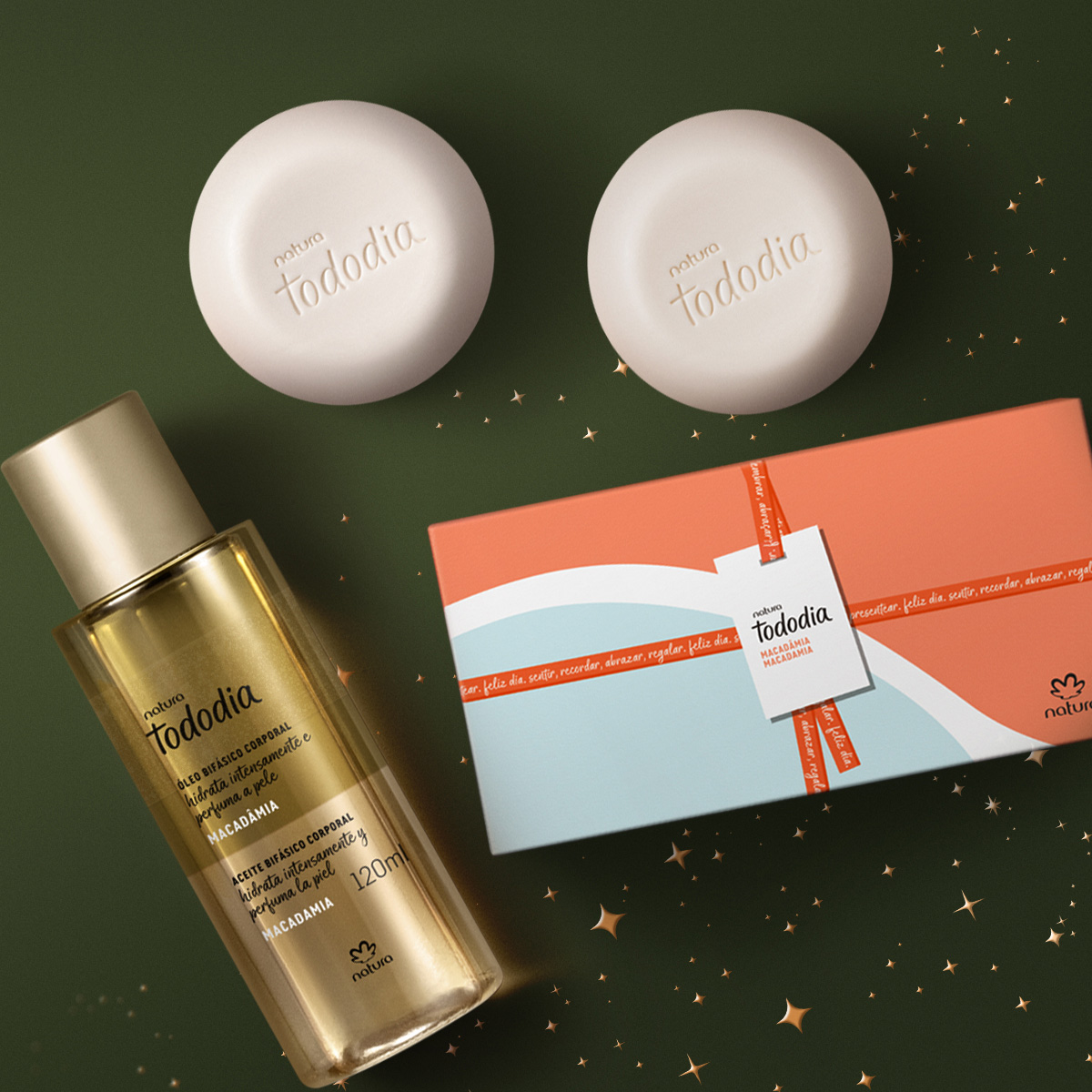 Kit Sabonetes em Barra e Óleo Bifásico Desodorante Hidratante Corporal Tododia Macadâmia