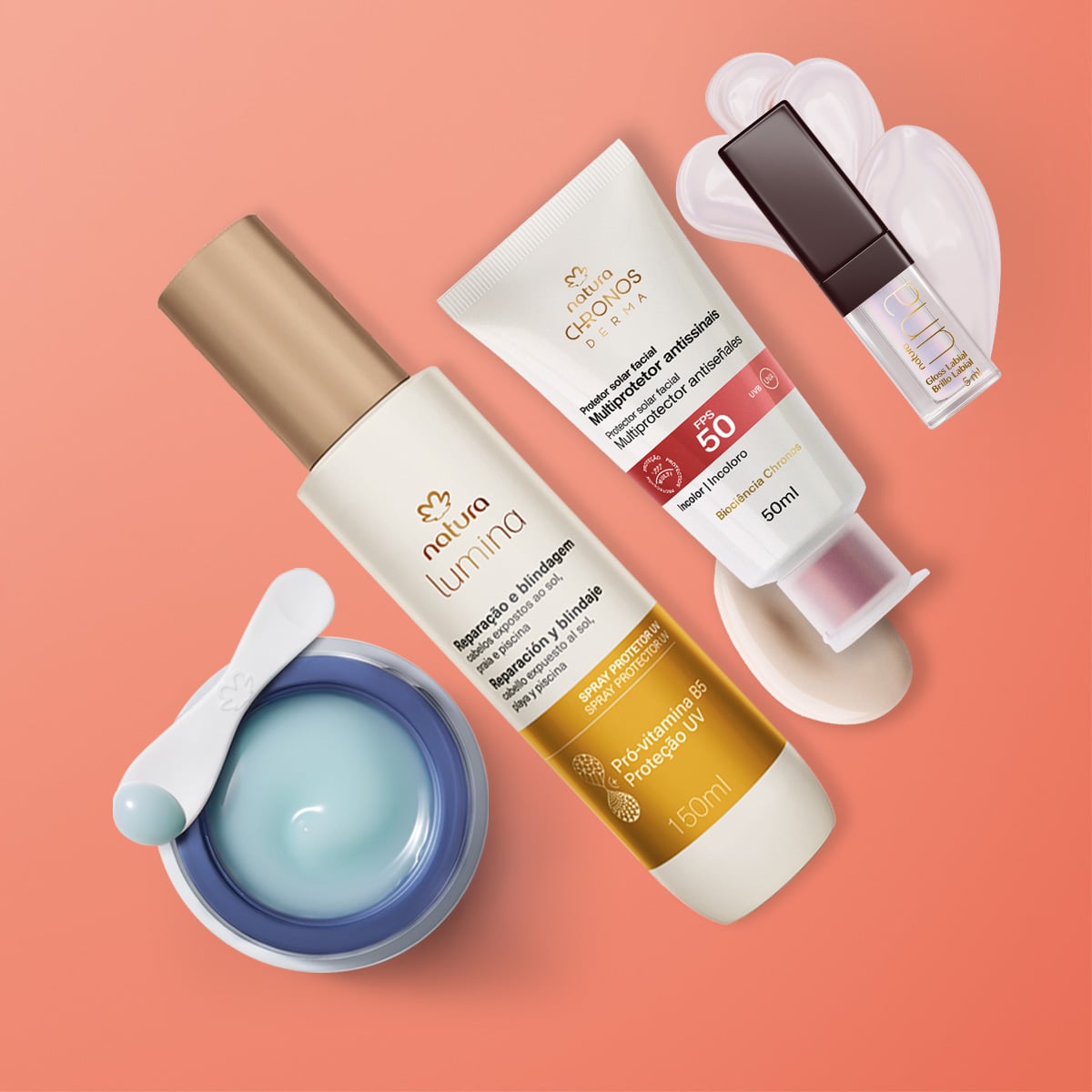 Kit Verão Protetor Solar, Hidratante Facial, Spray Capilar e Gloss
