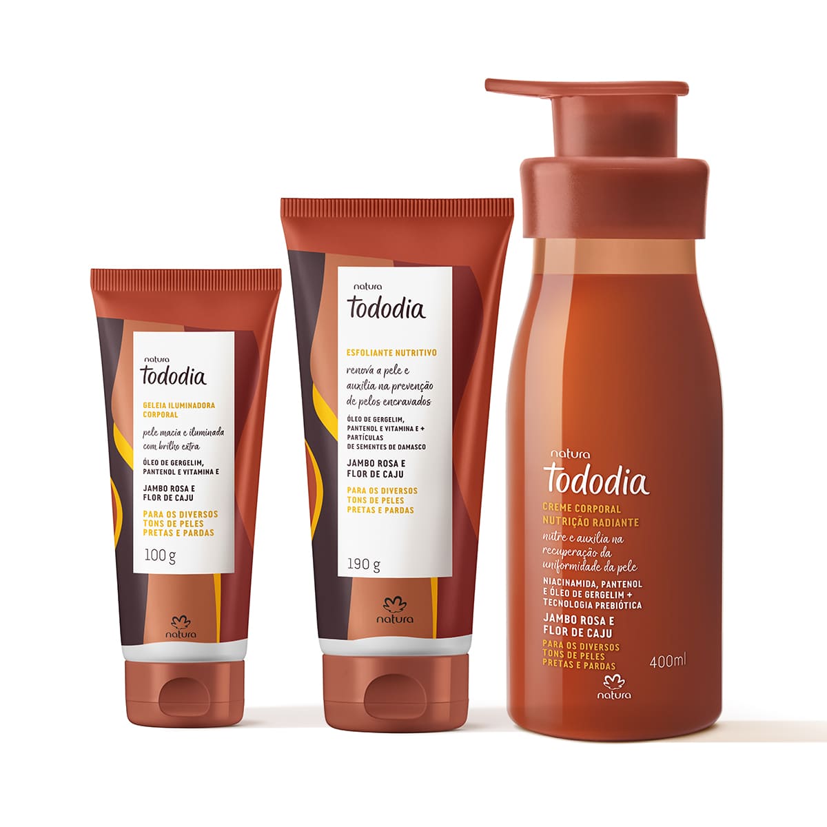 Kit Tododia Jambo Rosa e Flor de Caju com Esfoliante, Hidratante e Iluminador Corporal (3 produtos)