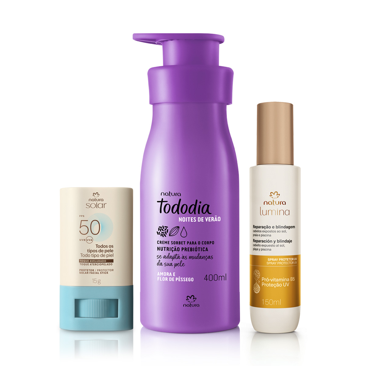 Kit Verão Creme Corporal Tododia Amora e Flor de Pêssego, Spray Capilar e Protetor Facial em Stick