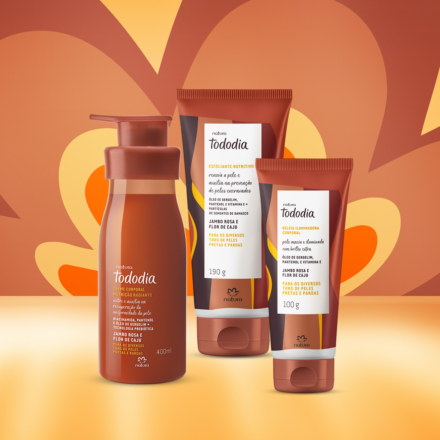 Kit Tododia Jambo Rosa e Flor de Caju com Esfoliante, Hidratante e Iluminador Corporal (3 produtos)