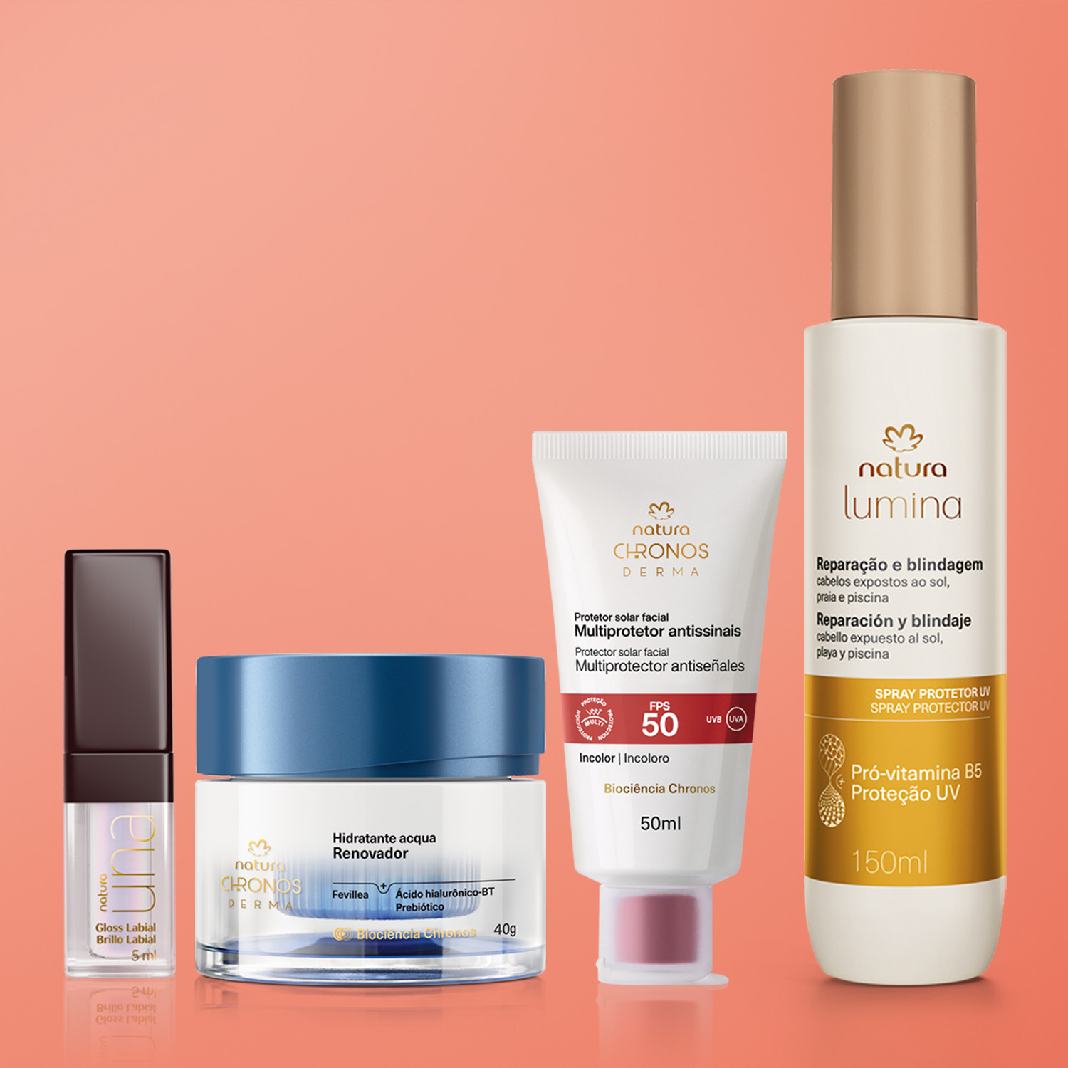 Kit Verão Protetor Solar, Hidratante Facial, Spray Capilar e Gloss