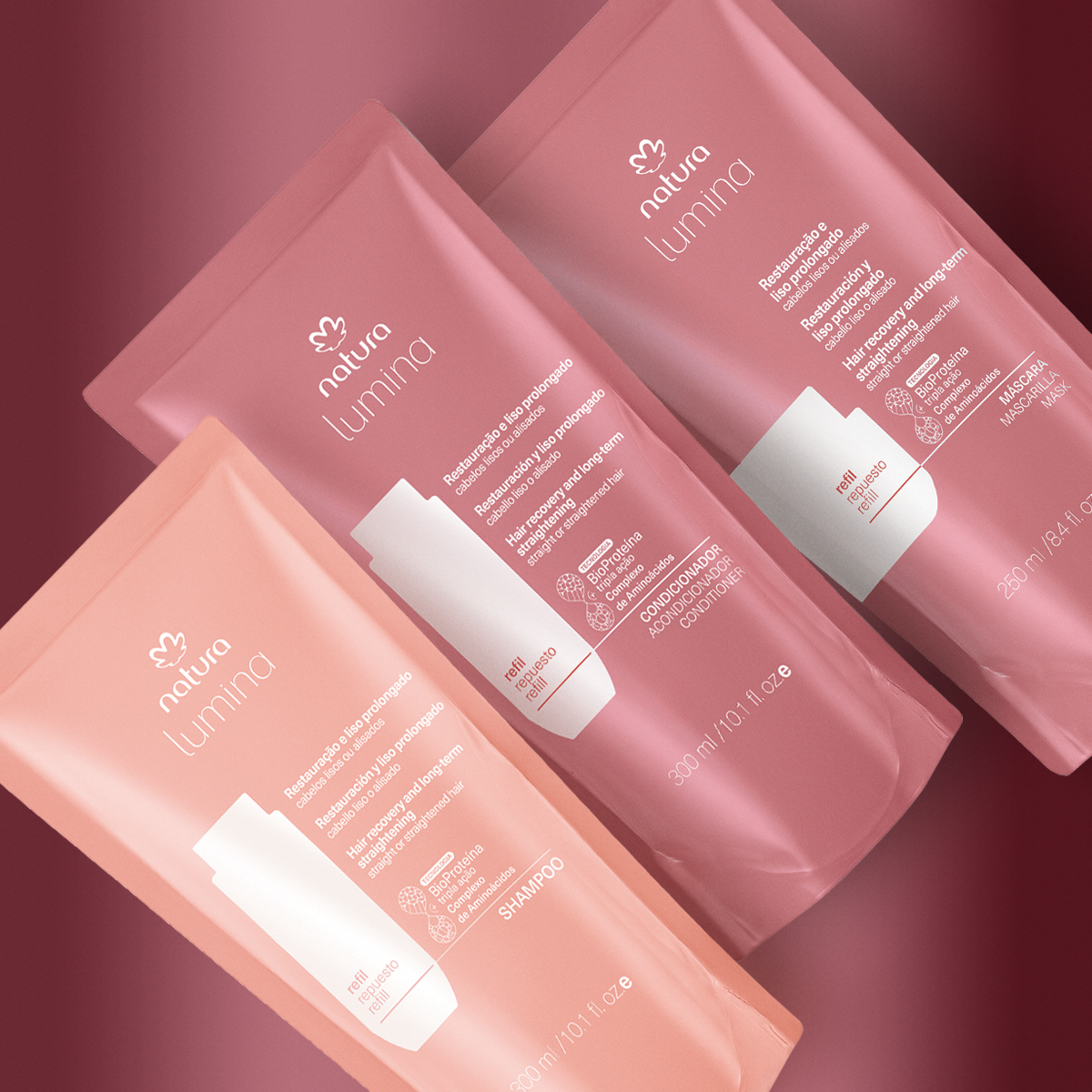 Kit Refil Shampoo, Condicionador e Máscara Lumina para Restauração e Liso Prolongado