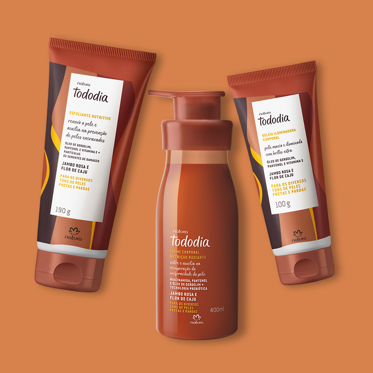 Kit Tododia Jambo Rosa e Flor de Caju com Esfoliante, Hidratante e Iluminador Corporal (3 produtos)