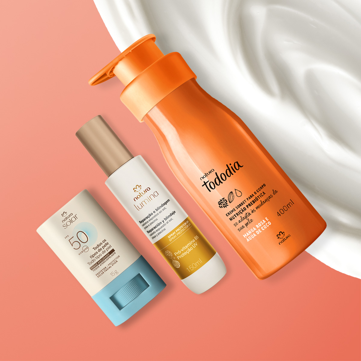 Kit Verão Creme Corporal Tododia Manga Rosa e Água de Coco, Spray Capilar e Protetor Facial em Stick