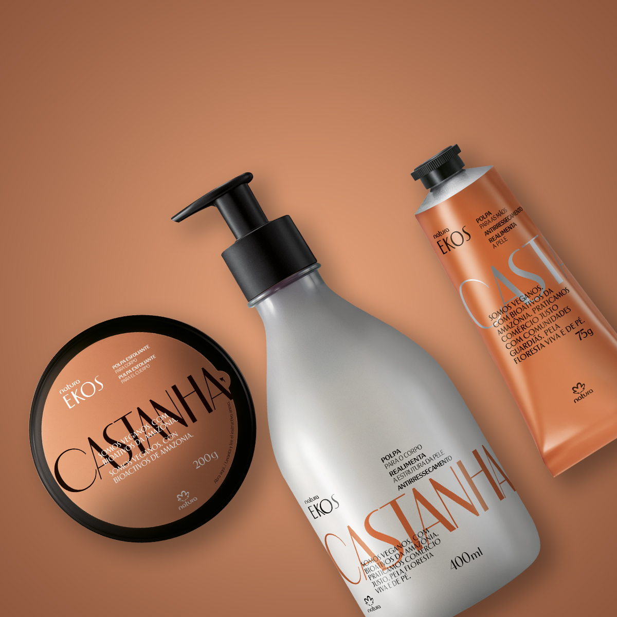 Kit Ekos Castanha Esfoliante e Hidratante Corpo e Mãos (3 produtos)