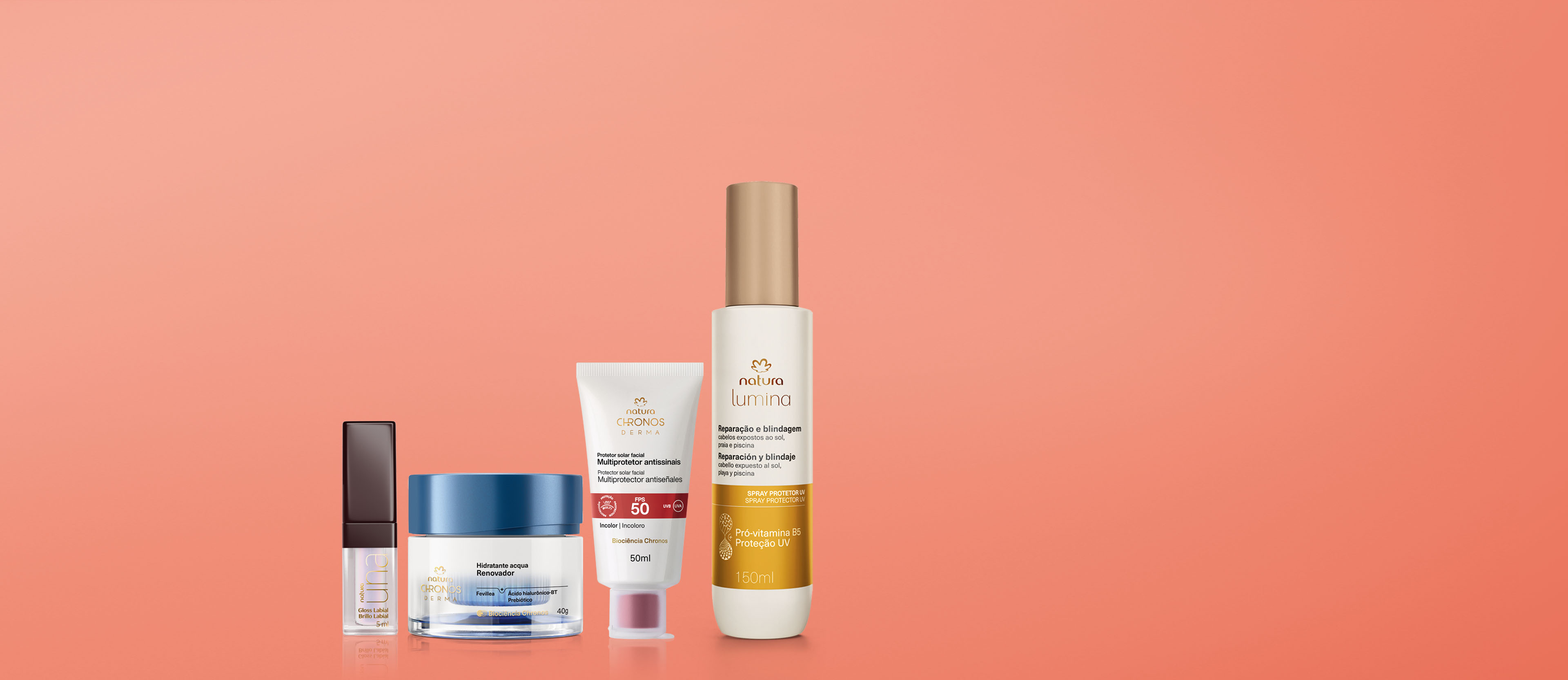 Kit Verão Protetor Solar, Hidratante Facial, Spray Capilar e Gloss