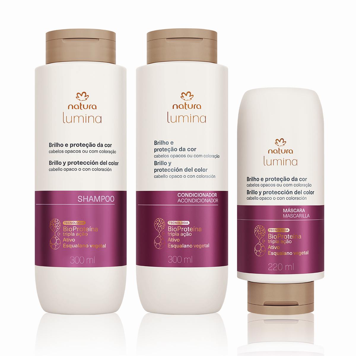 Kit Lumina Brilho e Proteção da Cor Shampoo, Condicionador e Máscara (3 produtos) Kit Lumina Brilho e Proteção da Cor Shampoo, Condicionador e Máscara (3 produtos)
