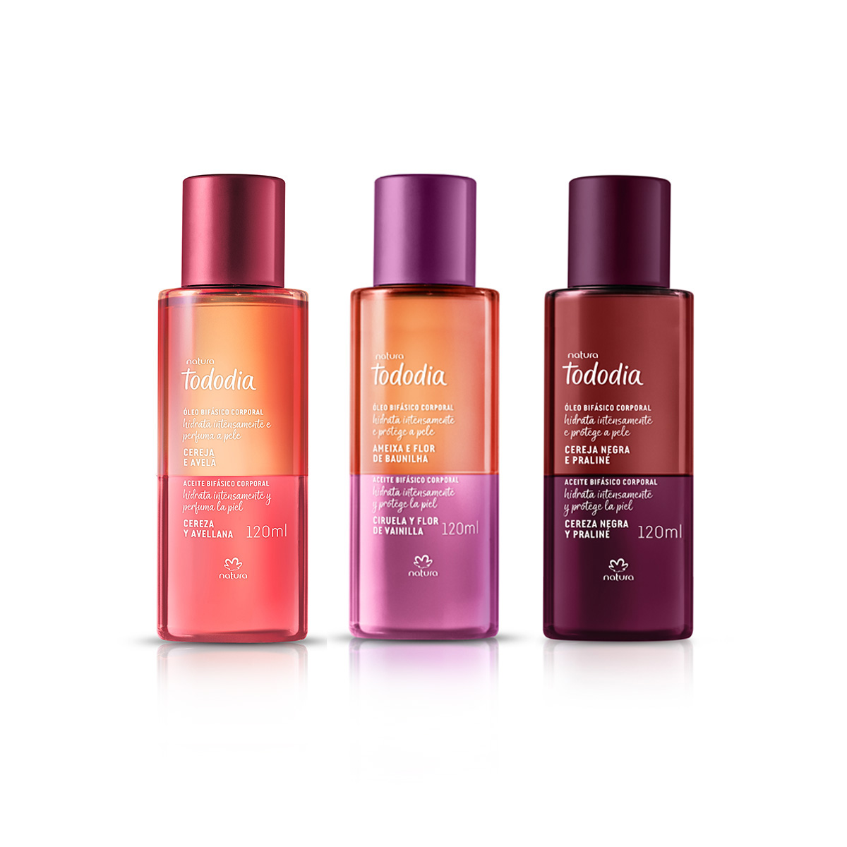 Kit Óleo Bifásico Corporal Tododia Cereja Negra, Ameixa e Flor de Baunilha e Cereja e Avelã (3 produtos)