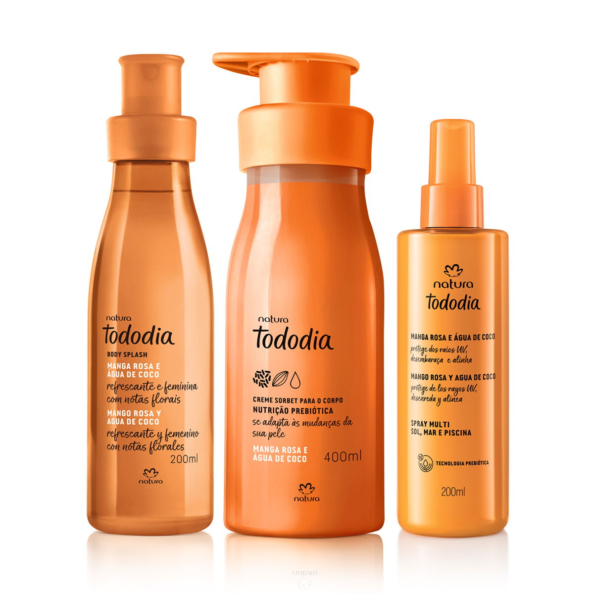 Kit Verão Creme Corporal, Body Splash e Spray Capilar Tododia Manga Rosa e Água de Coco