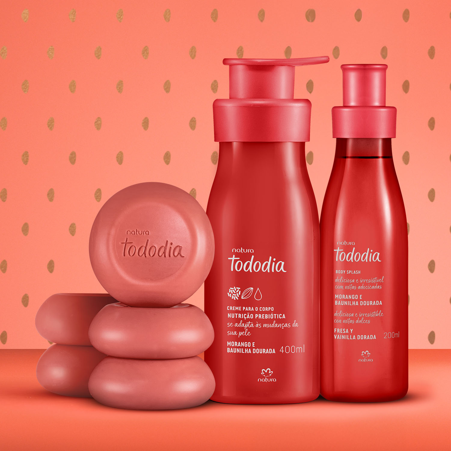 Kit Tododia Morango e Baunilha Dourada com Hidratante, Body Splash e Sabonete