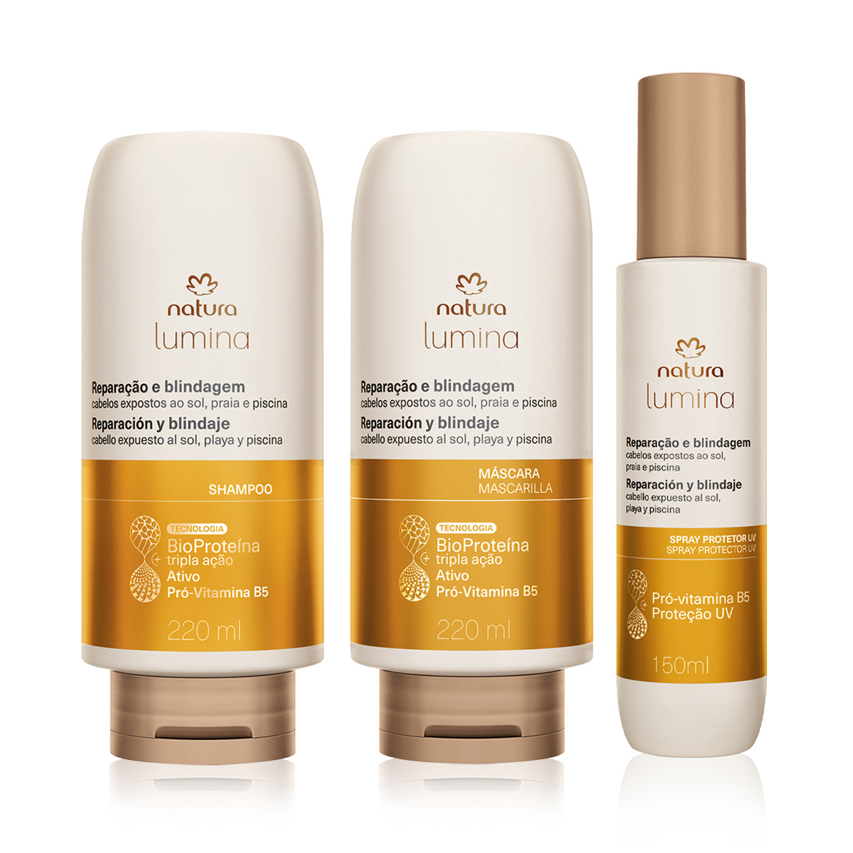 Kit Shampoo, Máscara e Spray Lumina para Reparação e Blindagem