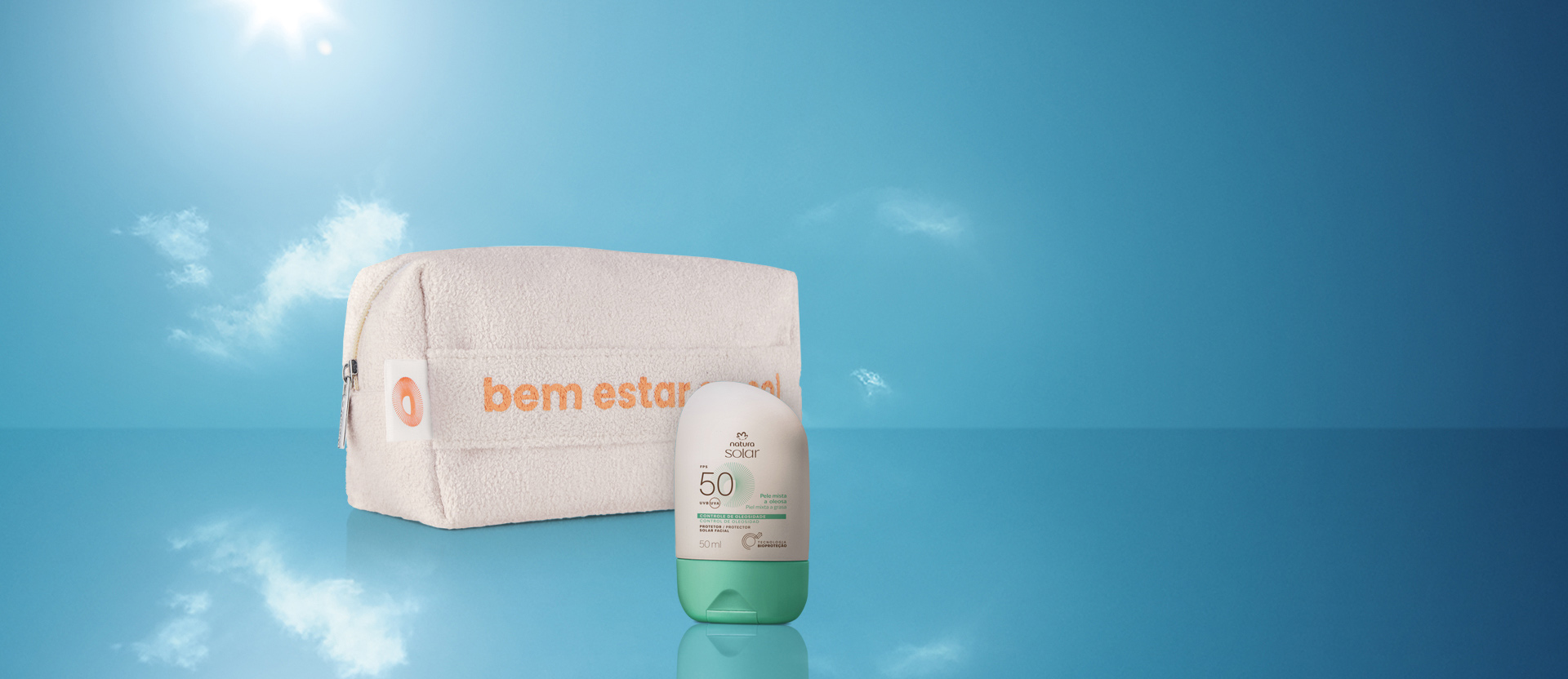 Kit Protetor Solar Facial Pele Mista a Oleosa FPS 70 e Nécessaire Natura Solar