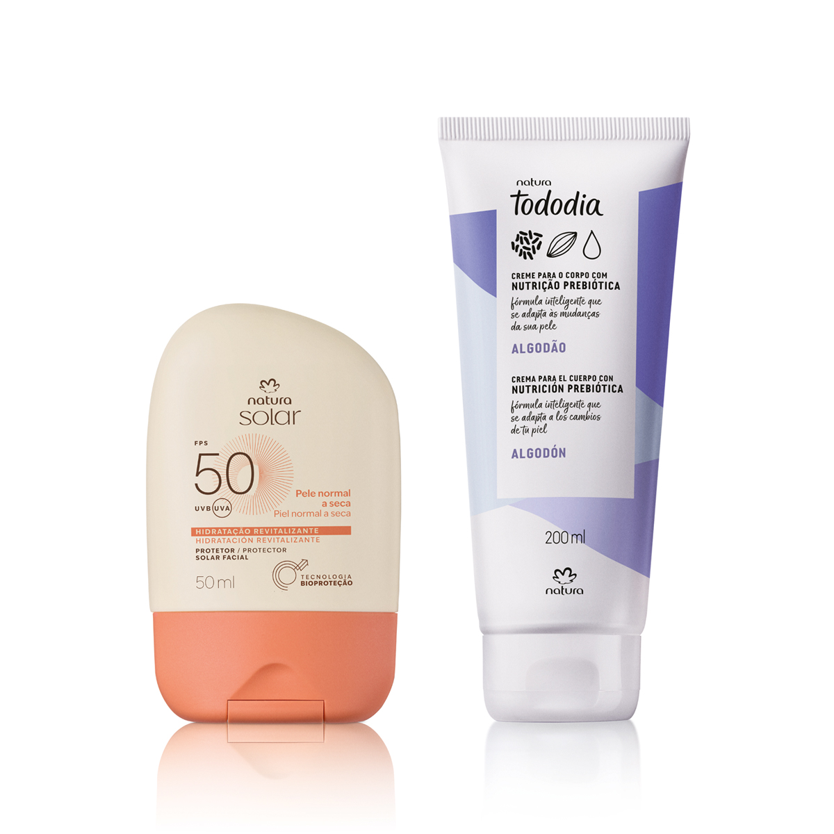 Kit Creme Nutritivo Tododia Algodão e Protetor Solar Facial Pele Normal a Seca FPS 50 Natura Solar