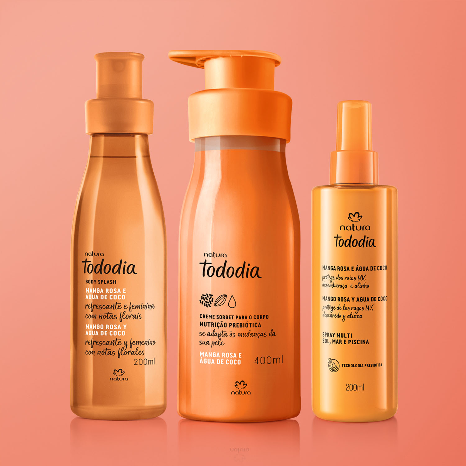 Kit Verão Creme Corporal, Body Splash e Spray Capilar Tododia Manga Rosa e Água de Coco