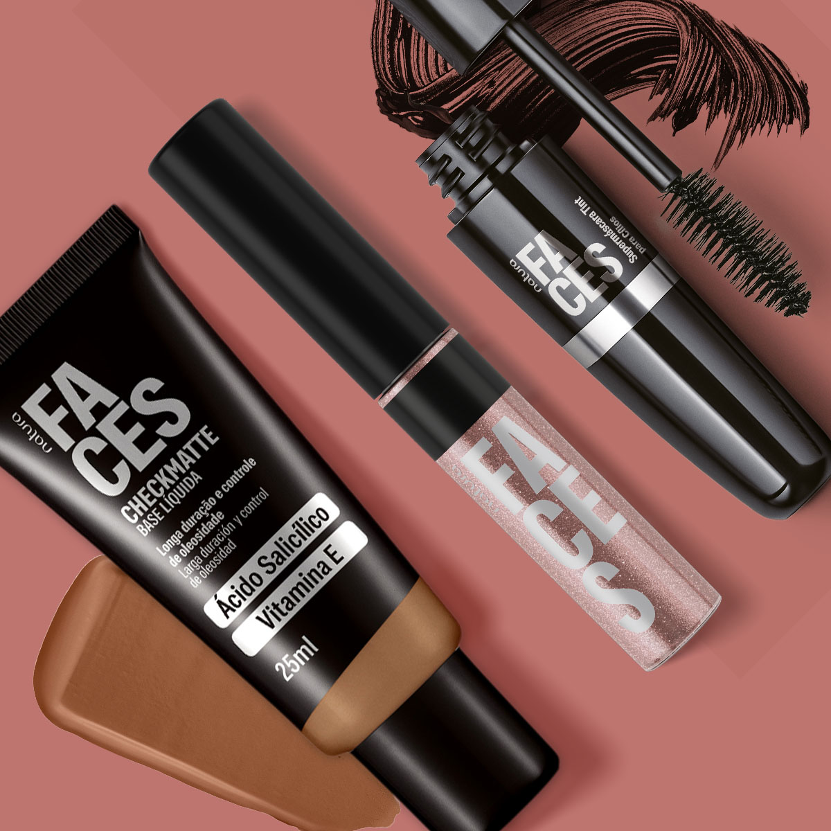 Kit Faces Base Checkmatte, Máscara de Cílios Tint e Gloss