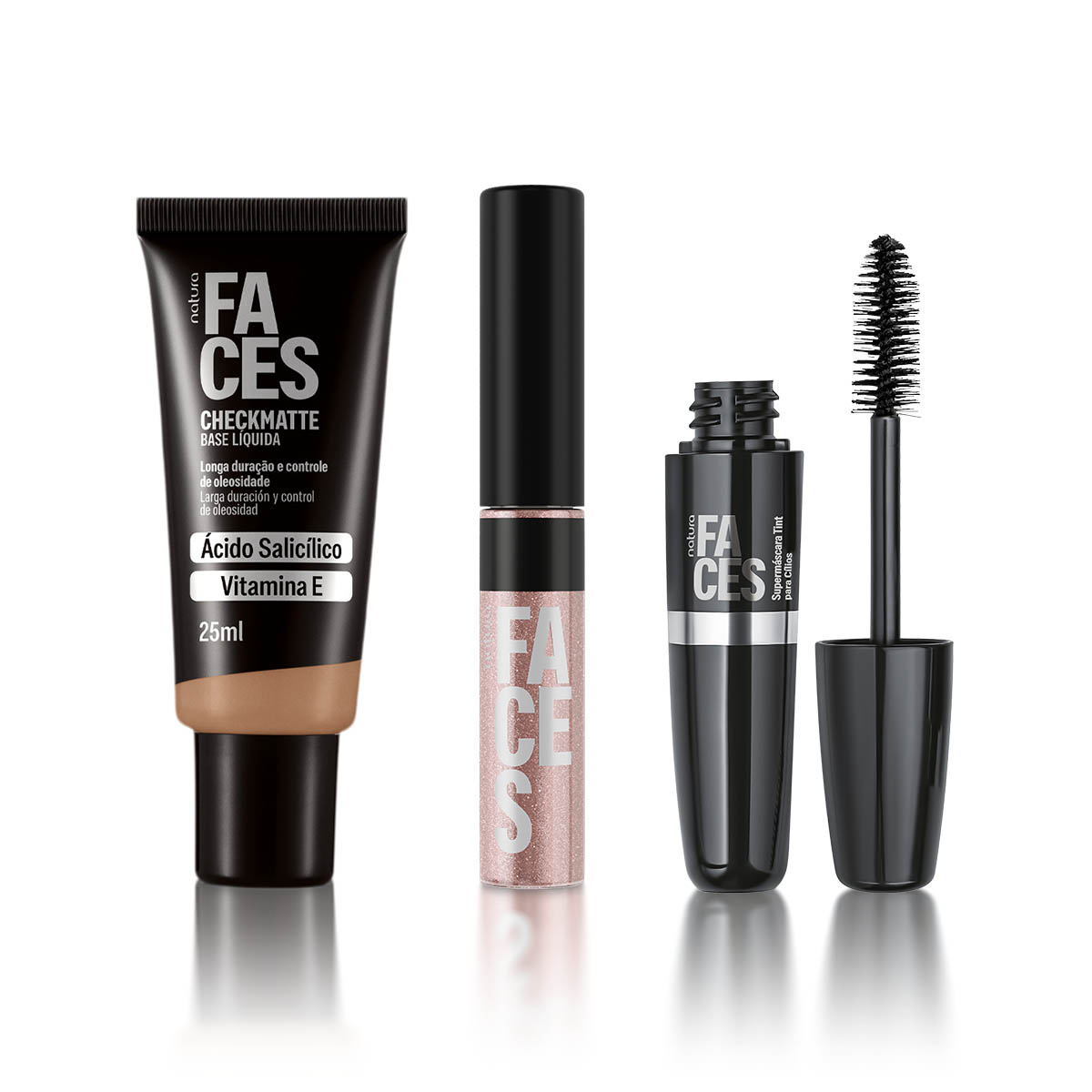 Kit Faces Base Checkmatte, Máscara de Cílios Tint e Gloss
