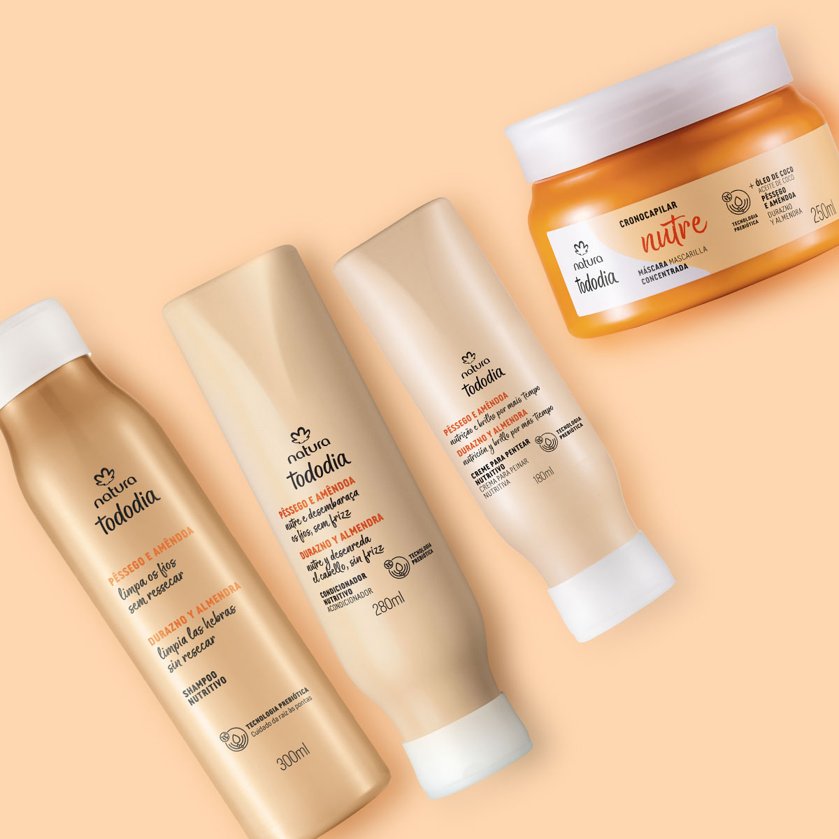 Kit Shampoo, Acondicionador, Mascarilla y Crema para Peinar Tododia Nutrición Durazno y Almendras