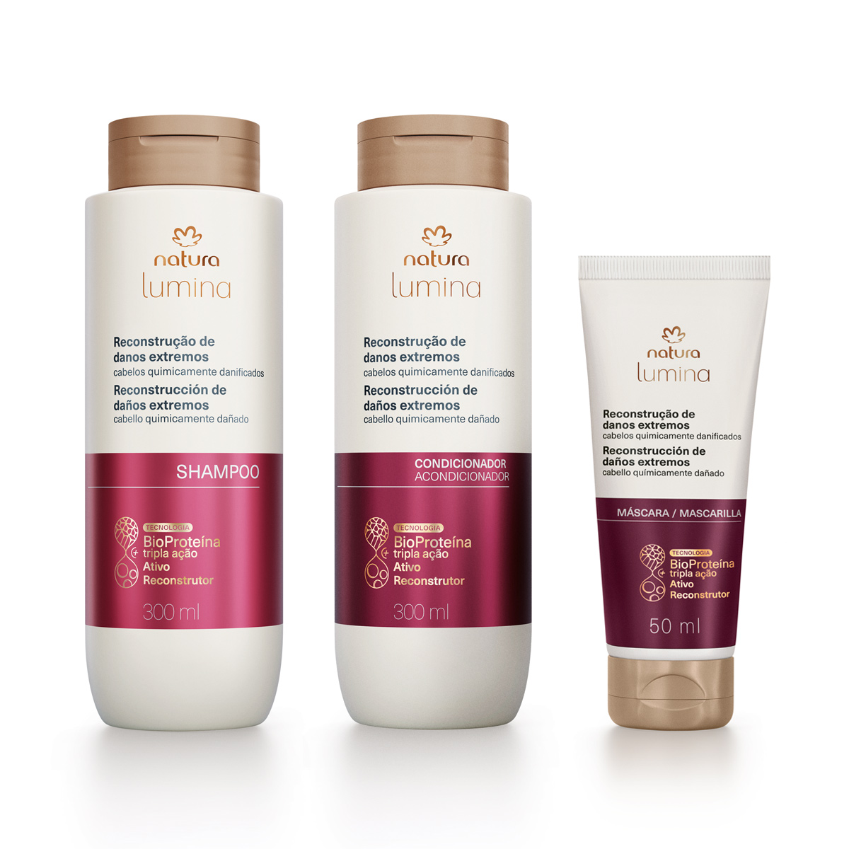 Kit Lumina Reconstrucción de Daños Extremos Shampoo, Acondicionador y Máscara