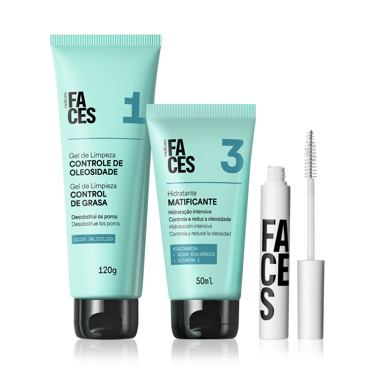 Kit Gel de Limpieza, Hidratante y Máscara para Ojos y Cejas Faces (3 productos)